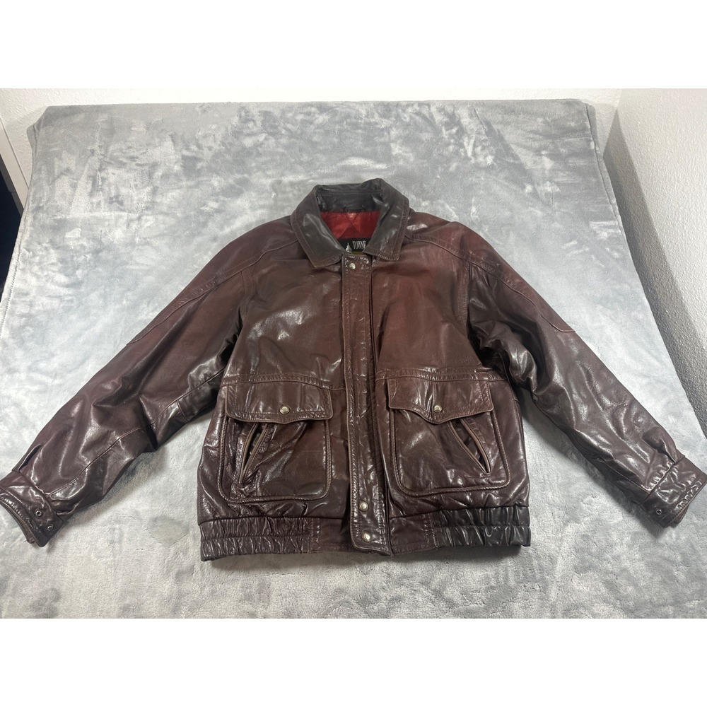 Vintage Towne by London Fog Brown Leather Bomber Jacket Flight Coat Distressed
